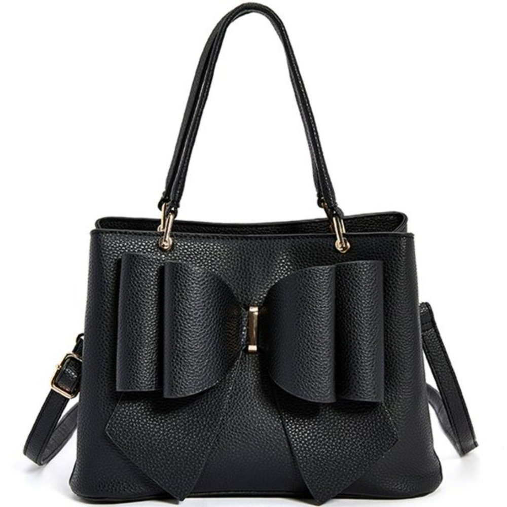 New!!! 3D Bow Vegan Leather 3-Way Wear Black Satchel, Crossbody, & Shoulder Bag - Picture 5 of 15